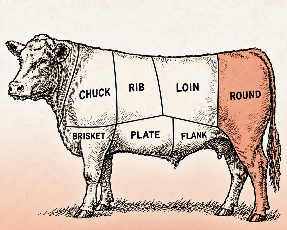 Butcher chart showing the 1/8 portion of the animal in a eighth beef share