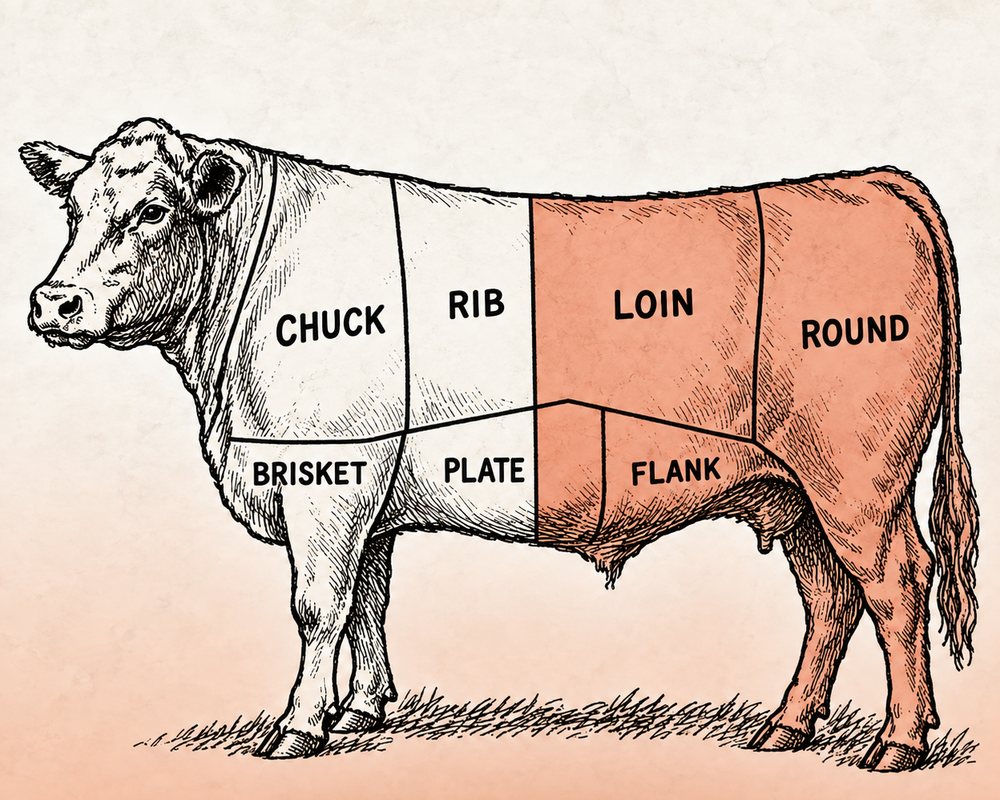 Butcher chart showing the 1/2 portion of the animal in a half beef share