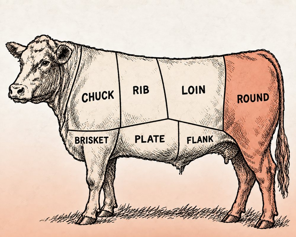Butcher chart showing the 1/4 portion of the animal in a quarter beef share
