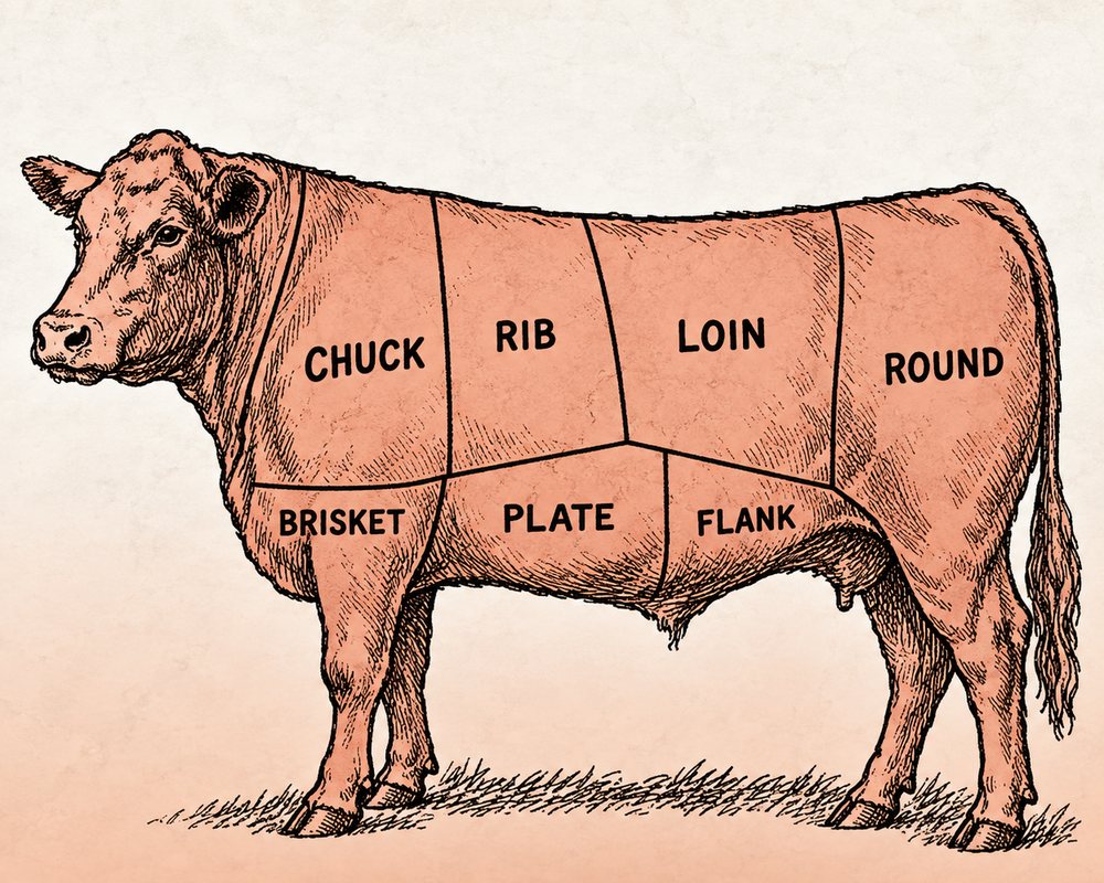 Butcher chart showing the Full portion of the animal in a whole beef share