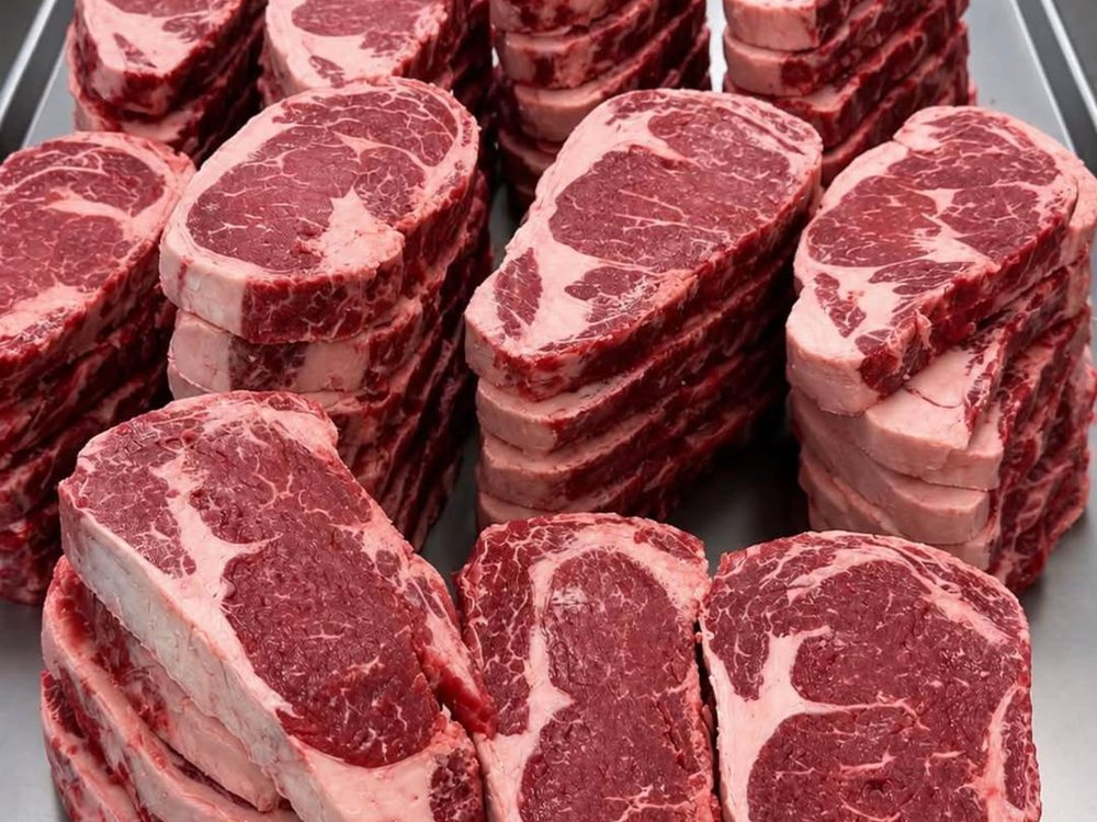 Hand cut grass fed ribeye steaks stacked in a tray